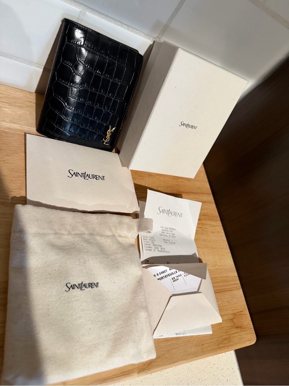Saint Laurent Black Croc-Embossed Leather Bifold Wallet with Gold YSL
